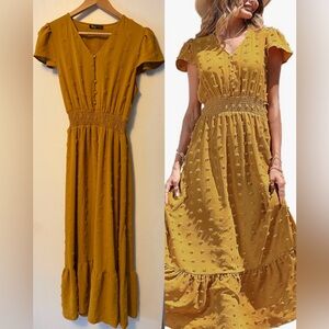 PrettyGarden Mustard Smocked Maxi Dress